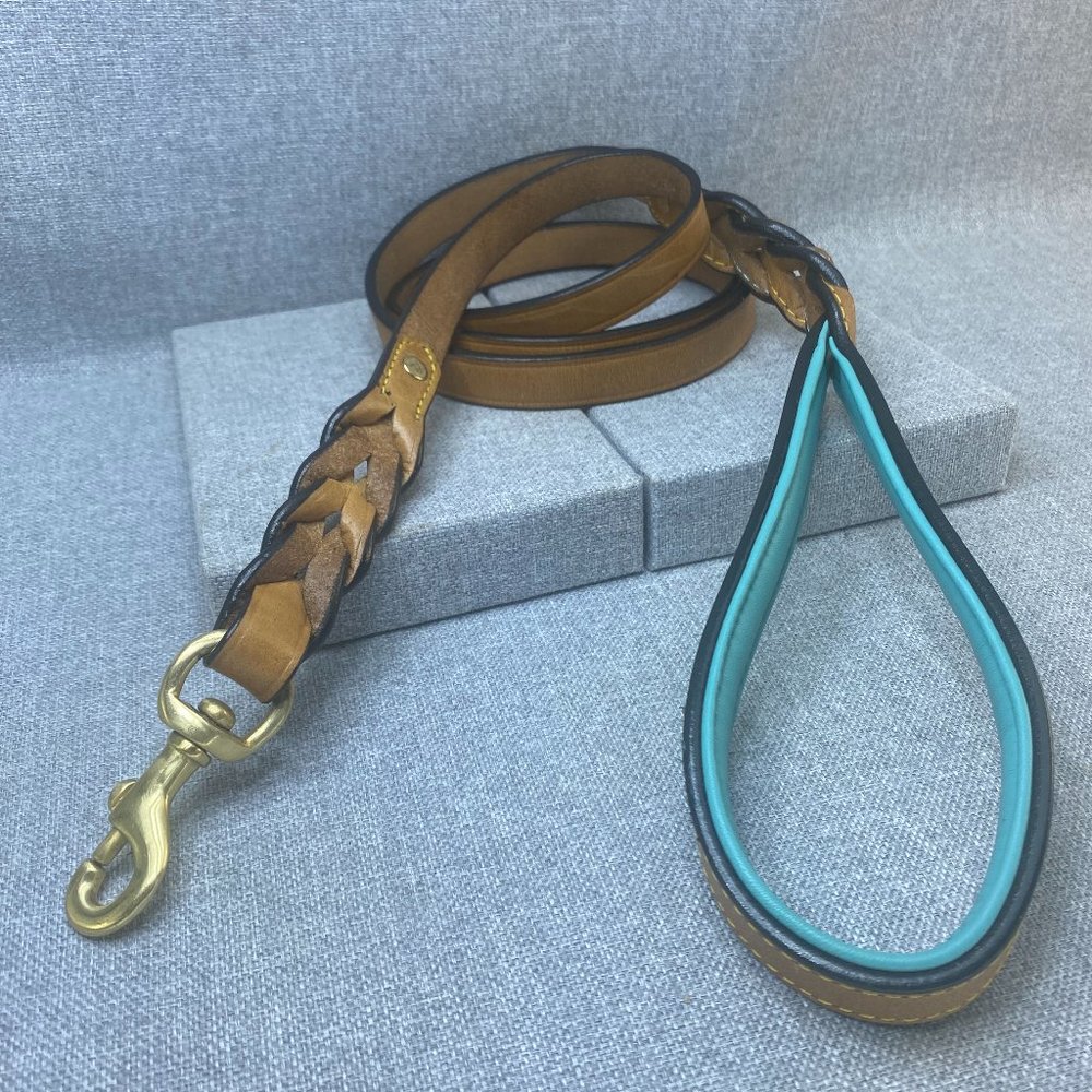 Soft Touch Collars Braided Leather Dog Leash Teal Blue 6ft